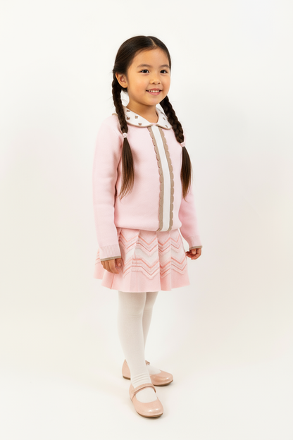 Soft Knitted Sweater with Collar and Scalloped Front Placket